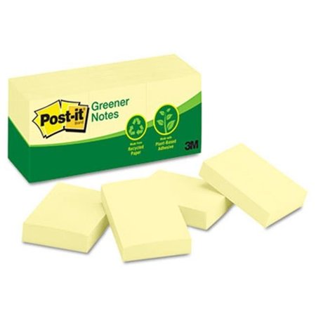 POST-IT Sticky note Greener Notes 653-RP-YW Recycled Notes- 1-1/2 x 2- Canary Yellow- 12 100-Sheet Pads/Pack 653-RP-YW